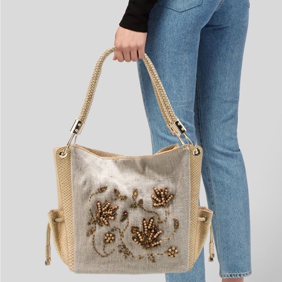 Super Rare Michael Kors Skorpios Beaded Genuine Linen Embossed Tote Bag EUC - Picture 2 of 16